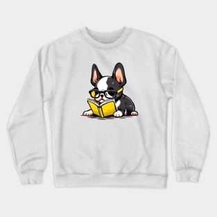 Boston Terrier With Glasses Reading a Book Crewneck Sweatshirt